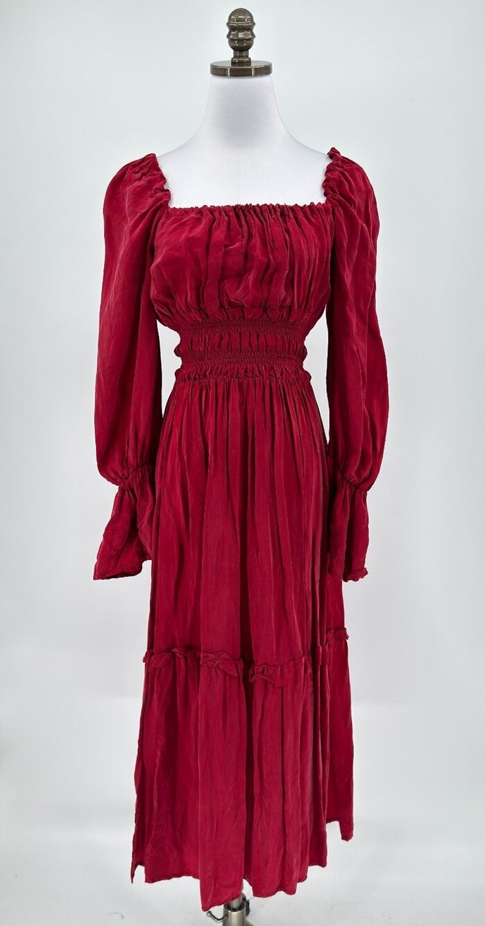 OhSevenDays Willa Red Smocked Square Neck Bell Sleeve Tiered Midi Dress Sz XS